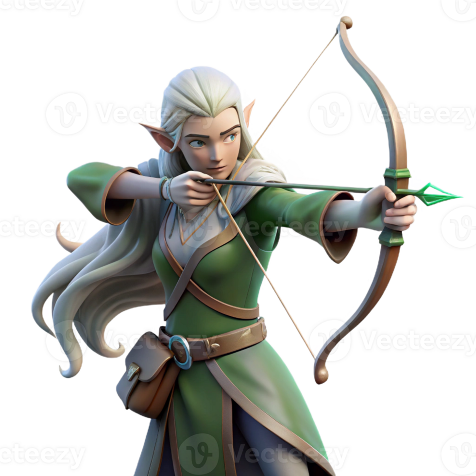 impressive creative An elegant elven archer with long, silver hair and pointed ears, aiming a bow and arrow made of pure light, under dappled forest lighting. Style Record of Lodoss War exclusive png
