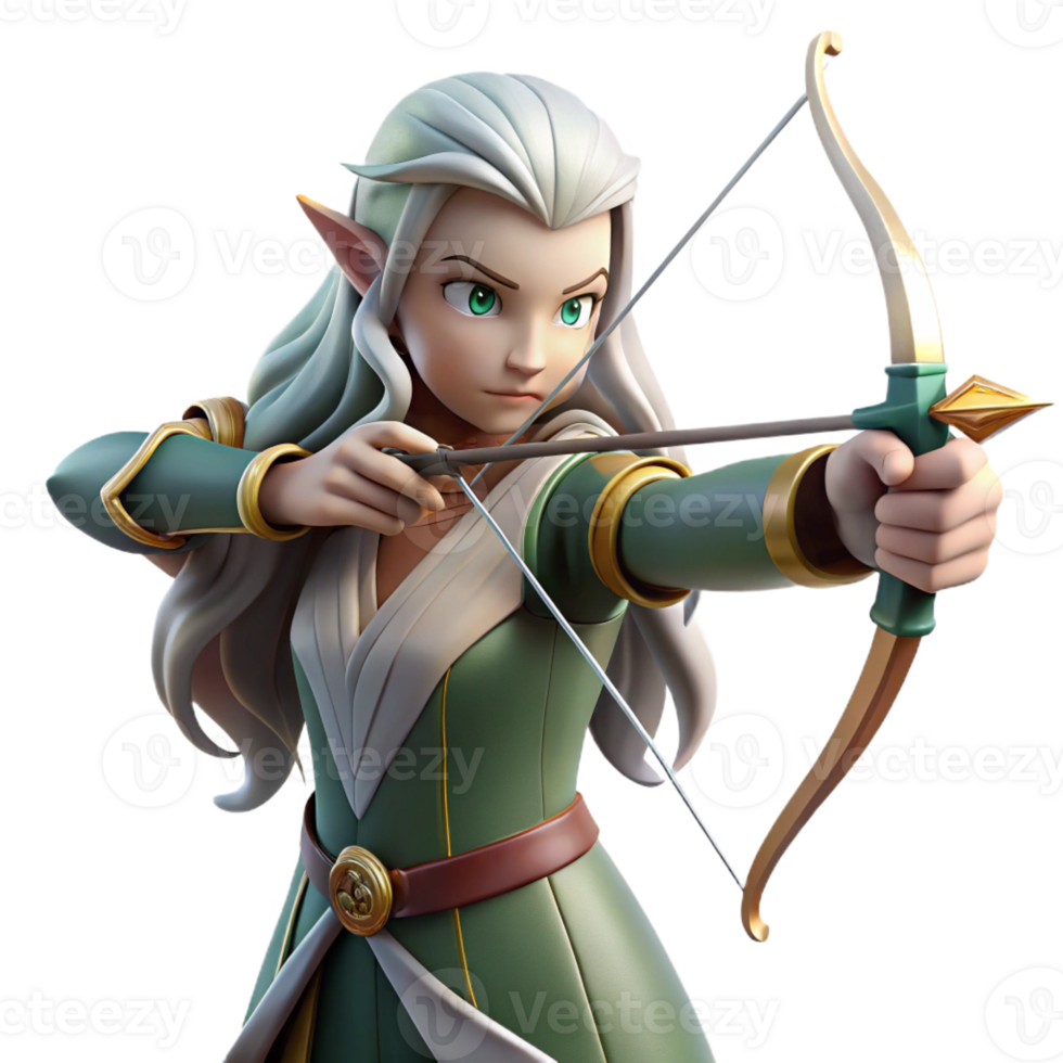 An elegant elven archer with long, silver hair and pointed ears, aiming a bow and arrow made of pure light, under dappled forest lighting. Style Record of Lodoss War png
