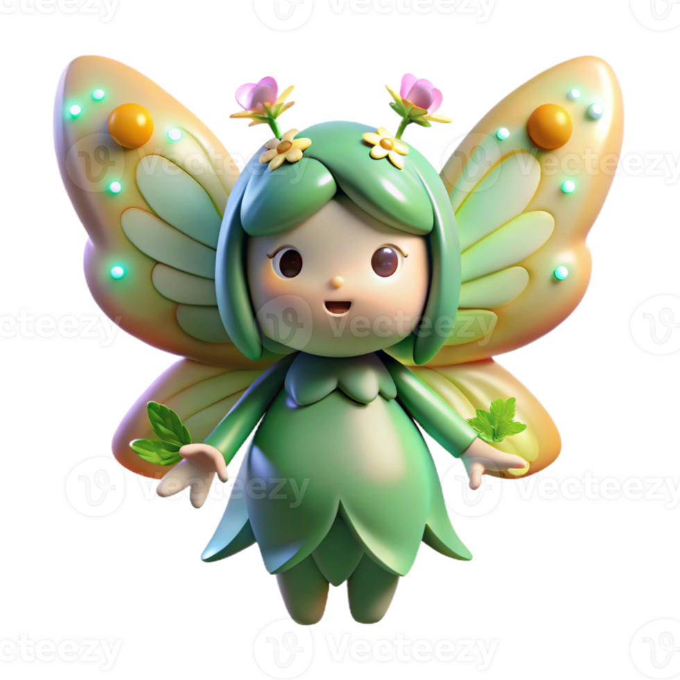 extraordinary rustic A whimsical forest spirit with glowing butterfly wings and flowers in its hair, under soft, magical forest lighting. Style Natsume's Book of Friends premium png