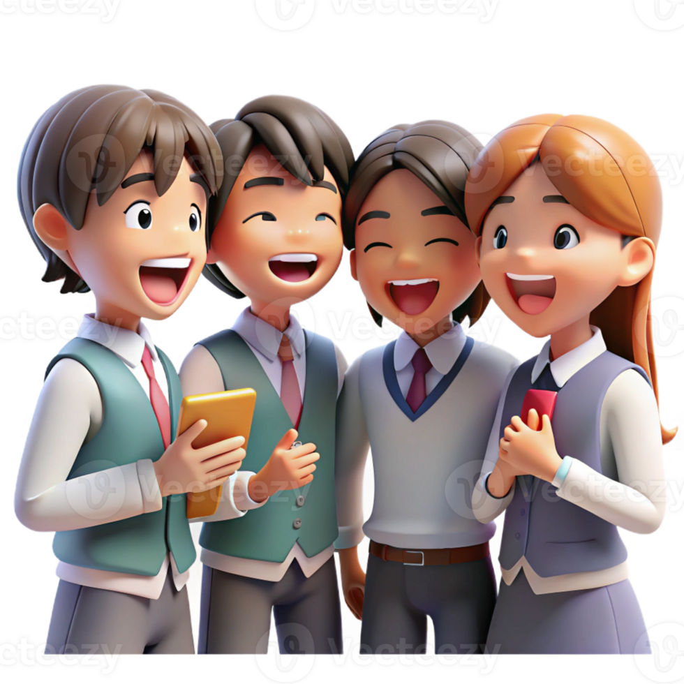 serene vintage A group of high school students in stylish uniforms, laughing and chatting together, under bright, sunny classroom lighting. Style K-On professional png