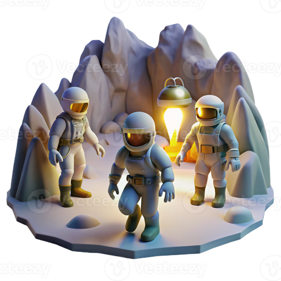beautiful rustic A group of astronauts exploring a vast, underground cavern on an alien planet, illuminated by their headlamps. Dark, mysterious lighting, photorealistic style genuine png