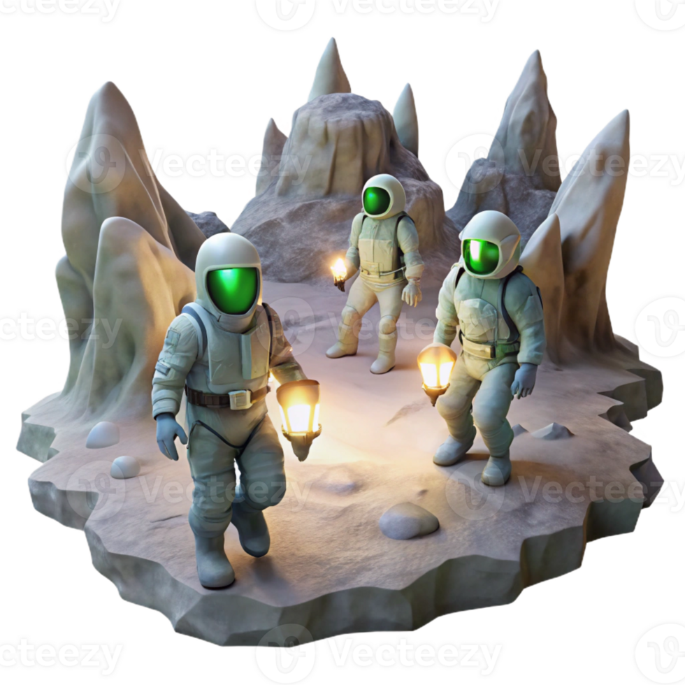 serene minimalist A group of astronauts exploring a vast, underground cavern on an alien planet, illuminated by their headlamps. Dark, mysterious lighting, photorealistic style original png