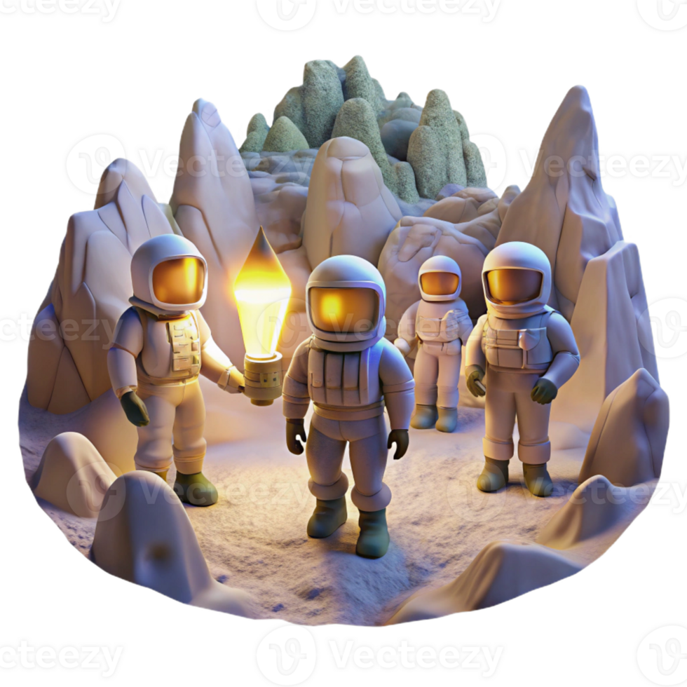 vibrant rustic A group of astronauts exploring a vast, underground cavern on an alien planet, illuminated by their headlamps. Dark, mysterious lighting, photorealistic style high quality png