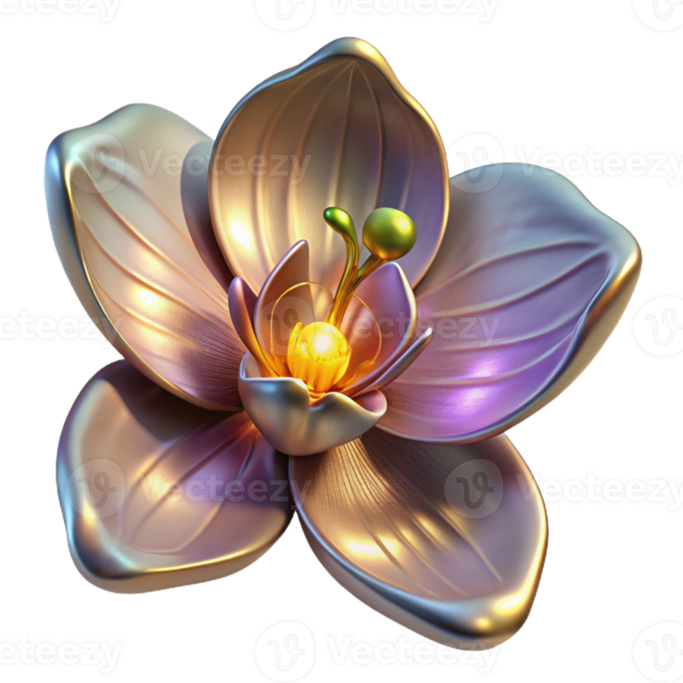 vibrant modern Biomechanical orchid with metallic petals and glowing pollen, soft, diffused lighting, botanical illustration style professional png