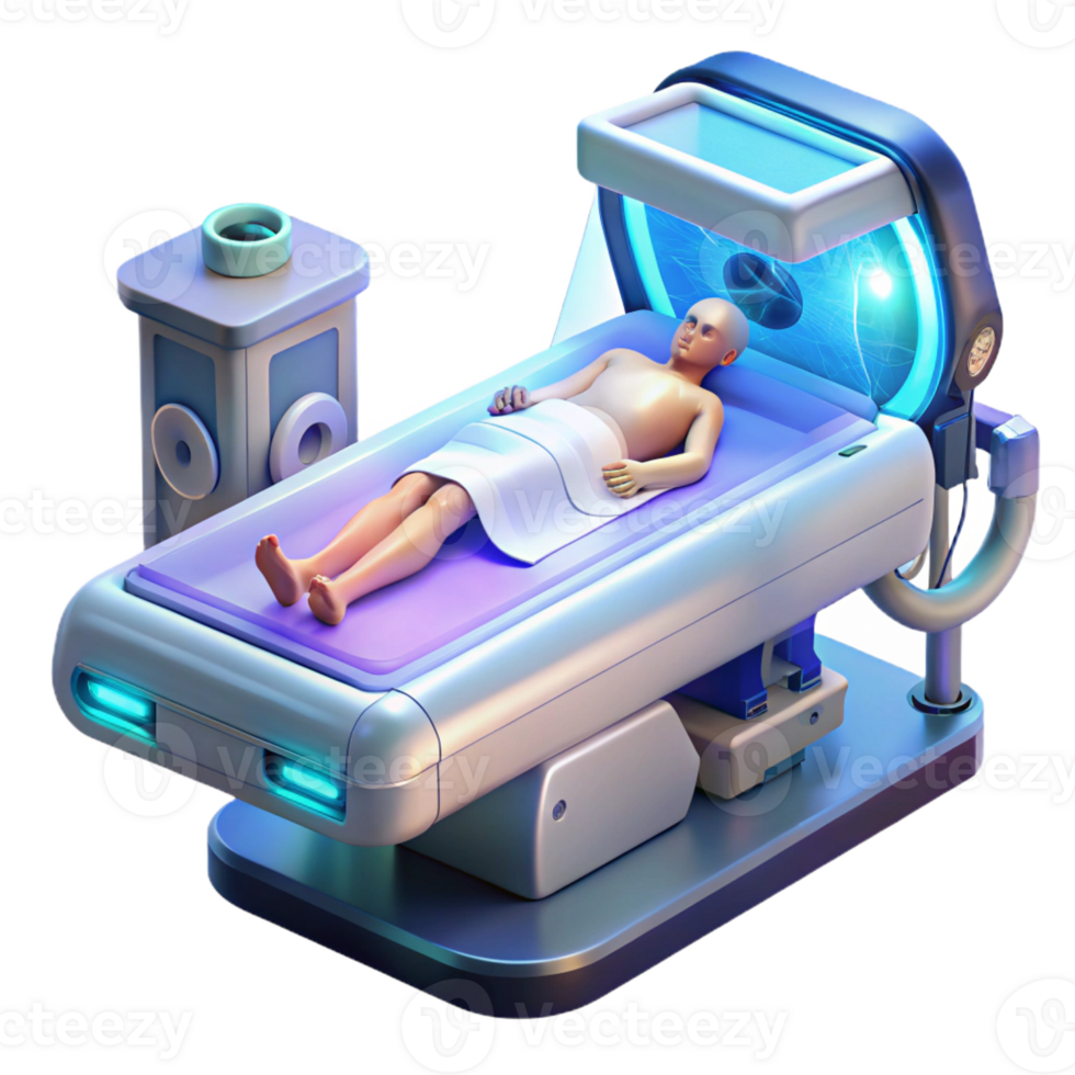 elegant classic A futuristic medical bay with holographic displays and advanced medical equipment, a patient lying on a levitating bed. Cool, sterile lighting, photorealistic style 4K png