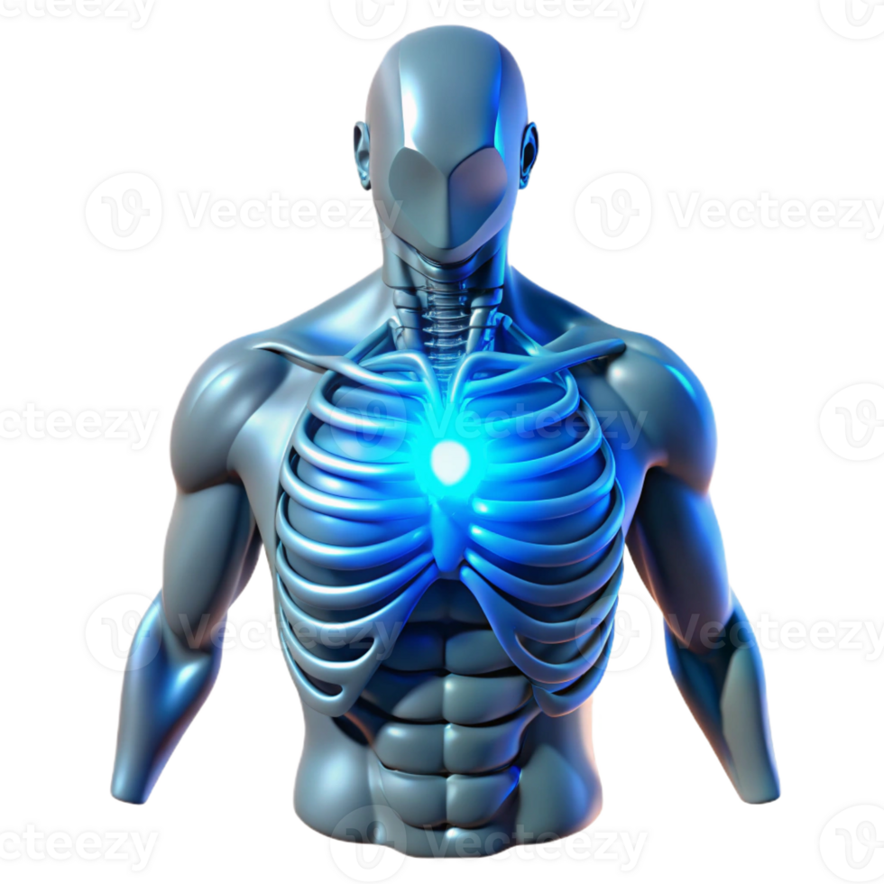 wonderful creative A human torso with exposed ribs and a glowing core of energy, ethereal blue glow, cyberpunk style premium png