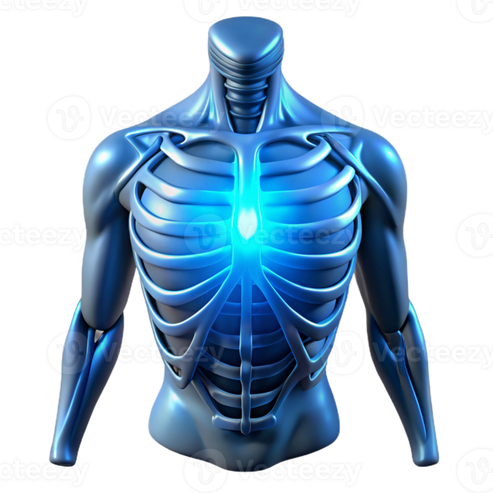 stunning artistic A human torso with exposed ribs and a glowing core of energy, ethereal blue glow, cyberpunk style authentic png