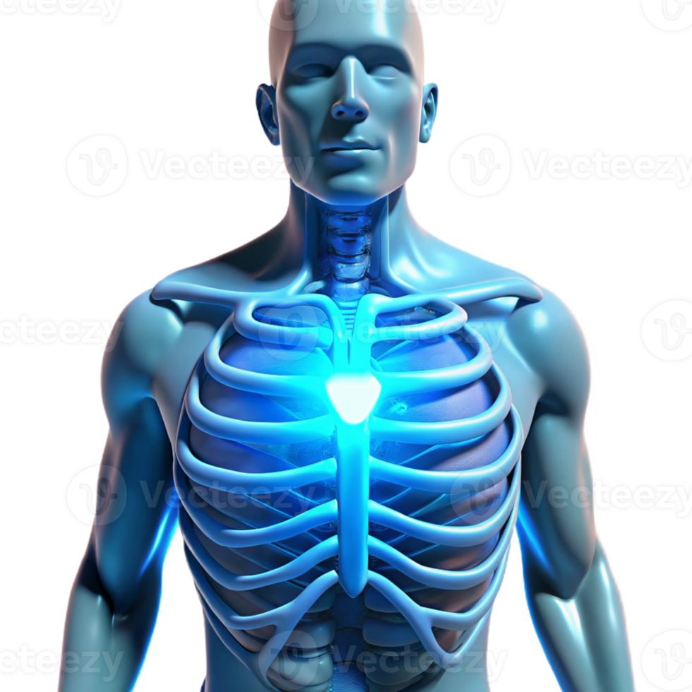 wonderful classic A human torso with exposed ribs and a glowing core of energy, ethereal blue glow, cyberpunk style original png