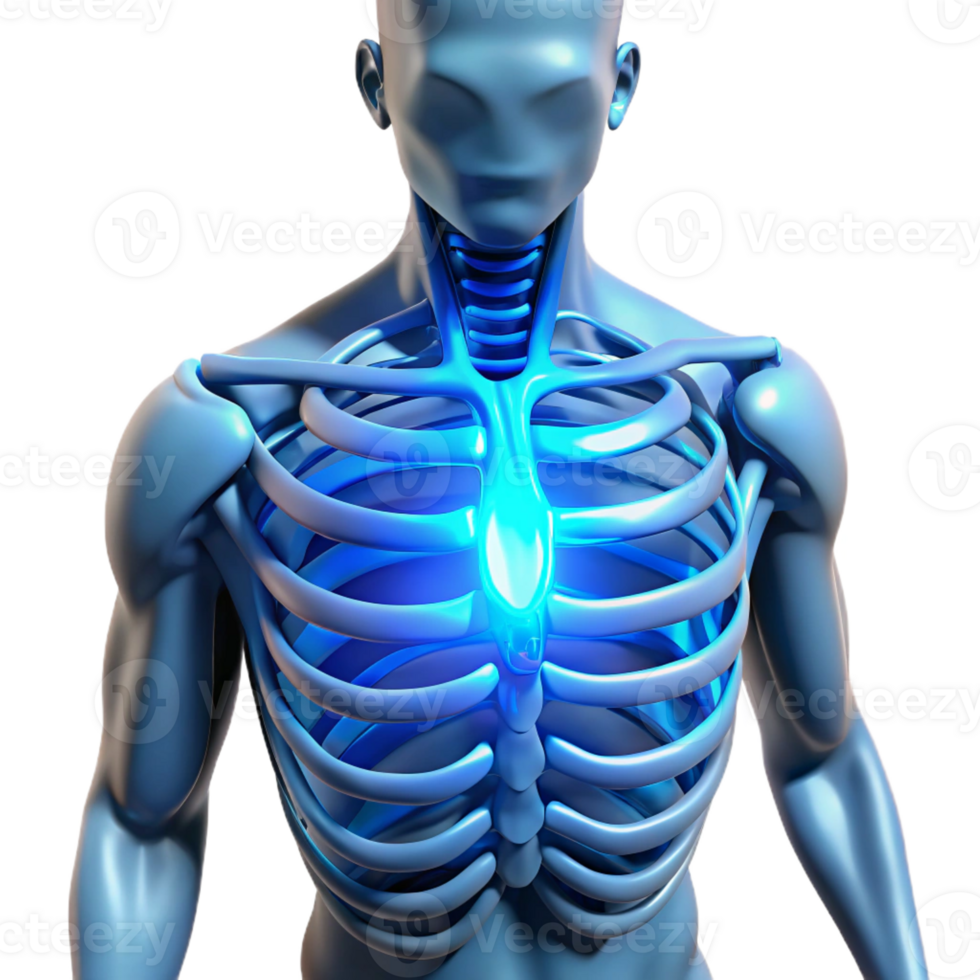 dramatic artistic A human torso with exposed ribs and a glowing core of energy, ethereal blue glow, cyberpunk style high quality png
