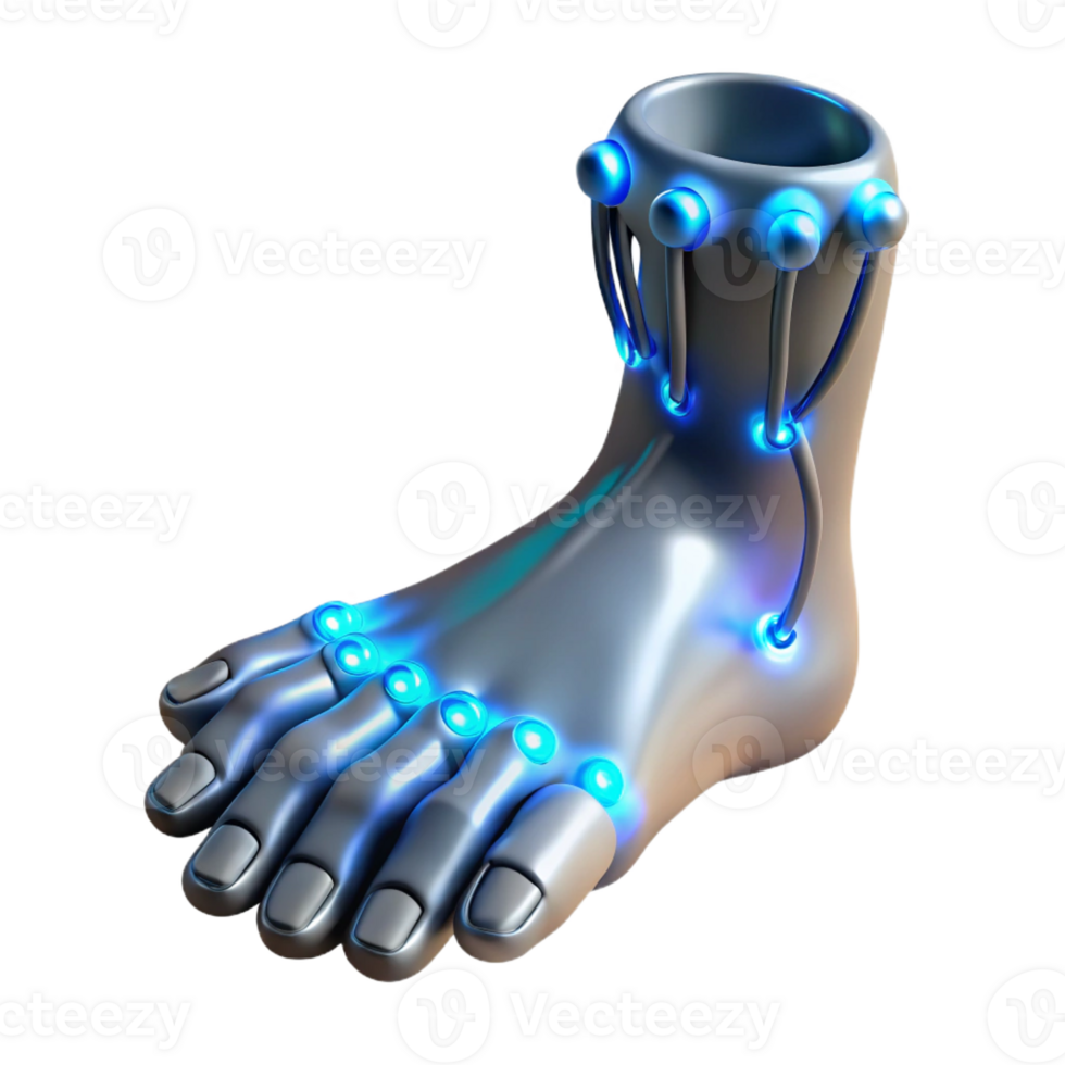 beautiful contemporary A human foot with articulated toes made of brushed steel and glowing wires, dynamic lighting, bioluminescent style high quality png