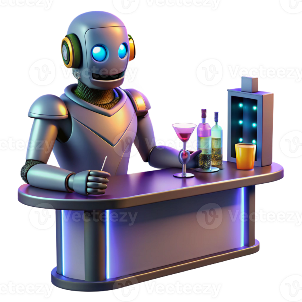 elegant classic A futuristic robot bartender serving drinks to alien patrons in a dimly lit bar. Warm, moody lighting, cyberpunk style 4K png