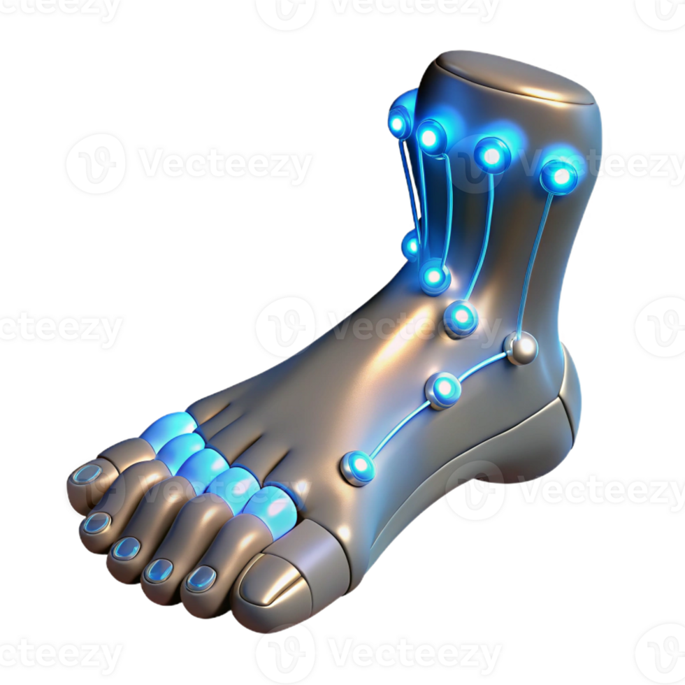serene rustic A human foot with articulated toes made of brushed steel and glowing wires, dynamic lighting, bioluminescent style exclusive png
