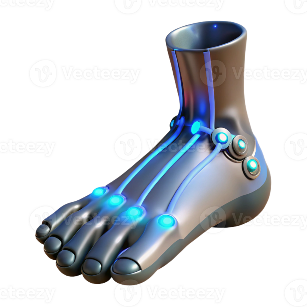 magnificent creative A human foot with articulated toes made of brushed steel and glowing wires, dynamic lighting, bioluminescent style detailed png