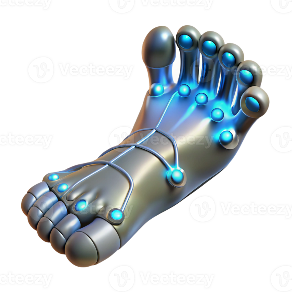 magnificent creative A human foot with articulated toes made of brushed steel and glowing wires, dynamic lighting, bioluminescent style 4K png