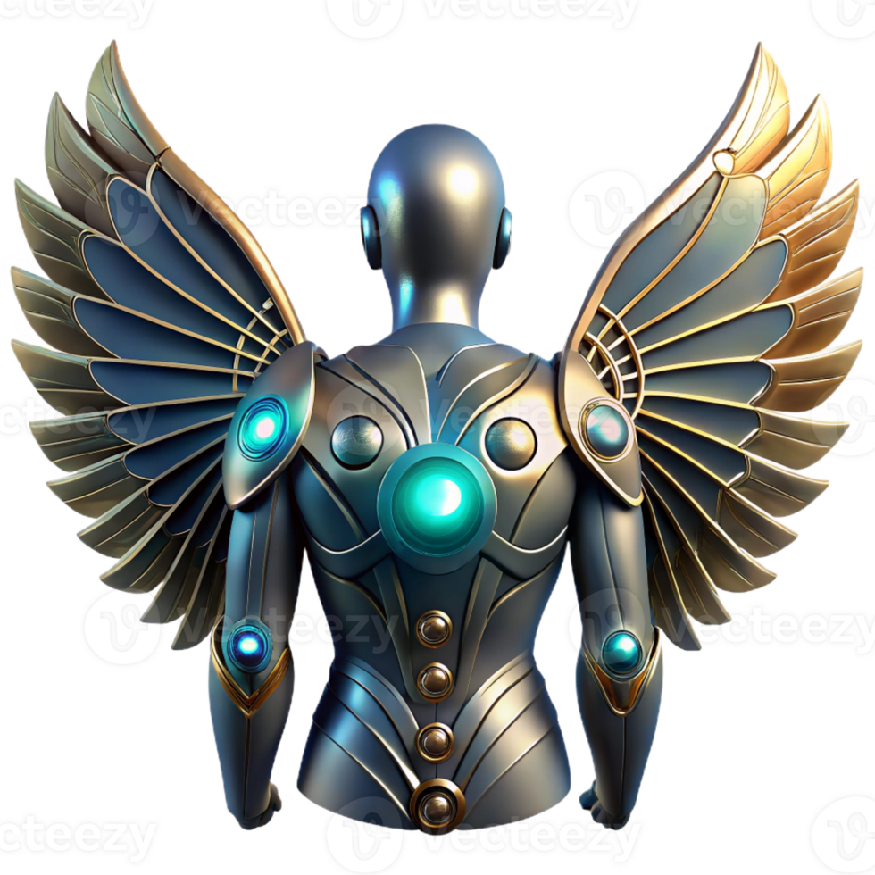 elegant vintage Biomechanical wings unfolding from a human back, feathers replaced with metallic plates and glowing circuitry, dramatic backlighting, fantasy style 4K png