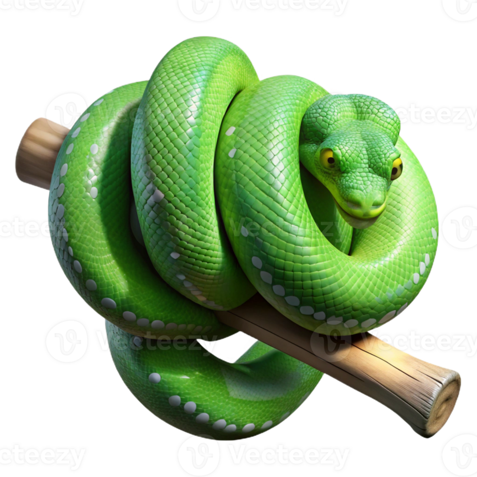 stunning abstract A slithering green tree python coiled around a branch, scales glistening in the dappled jungle light, in a detailed, nature documentary style high quality png