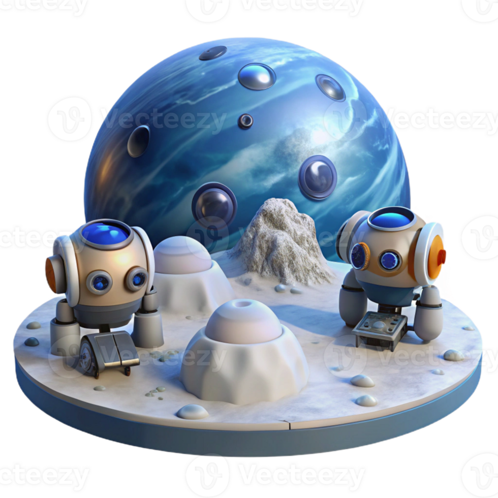 extraordinary classic A group of robotic probes exploring the icy surface of Europa, under the faint, blue light of Jupiter. Photorealistic style, scientific accuracy exclusive png