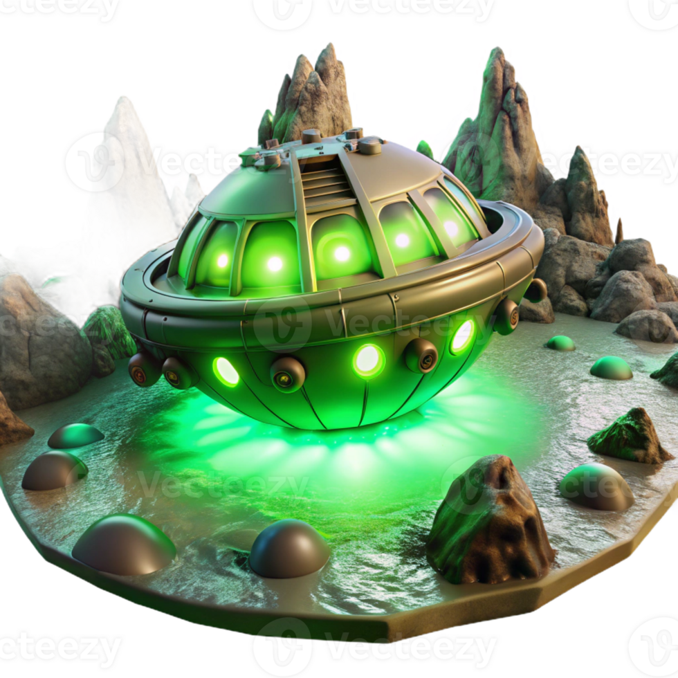 stunning rustic A derelict spaceship, partially submerged in the methane lakes of a distant moon, lit by the eerie green glow of its atmosphere. Surreal style, dark and mysterious professional png