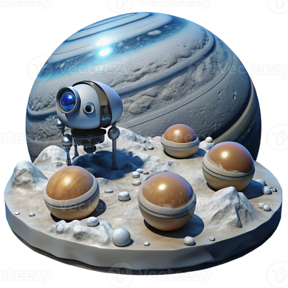 dramatic creative A group of robotic probes exploring the icy surface of Europa, under the faint, blue light of Jupiter. Photorealistic style, scientific accuracy professional png