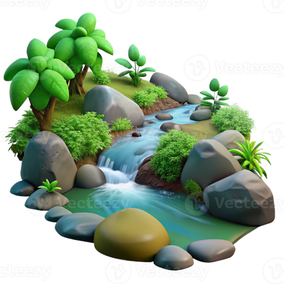 magnificent contemporary A babbling brook flowing over smooth stones in a forest, surrounded by lush green vegetation. Nature photography style original png