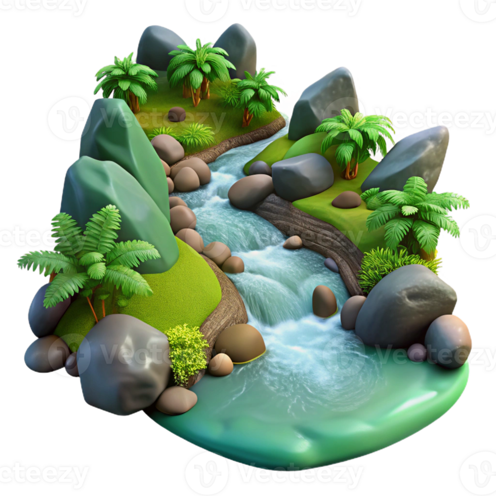 elegant contemporary A babbling brook flowing over smooth stones in a forest, surrounded by lush green vegetation. Nature photography style original png
