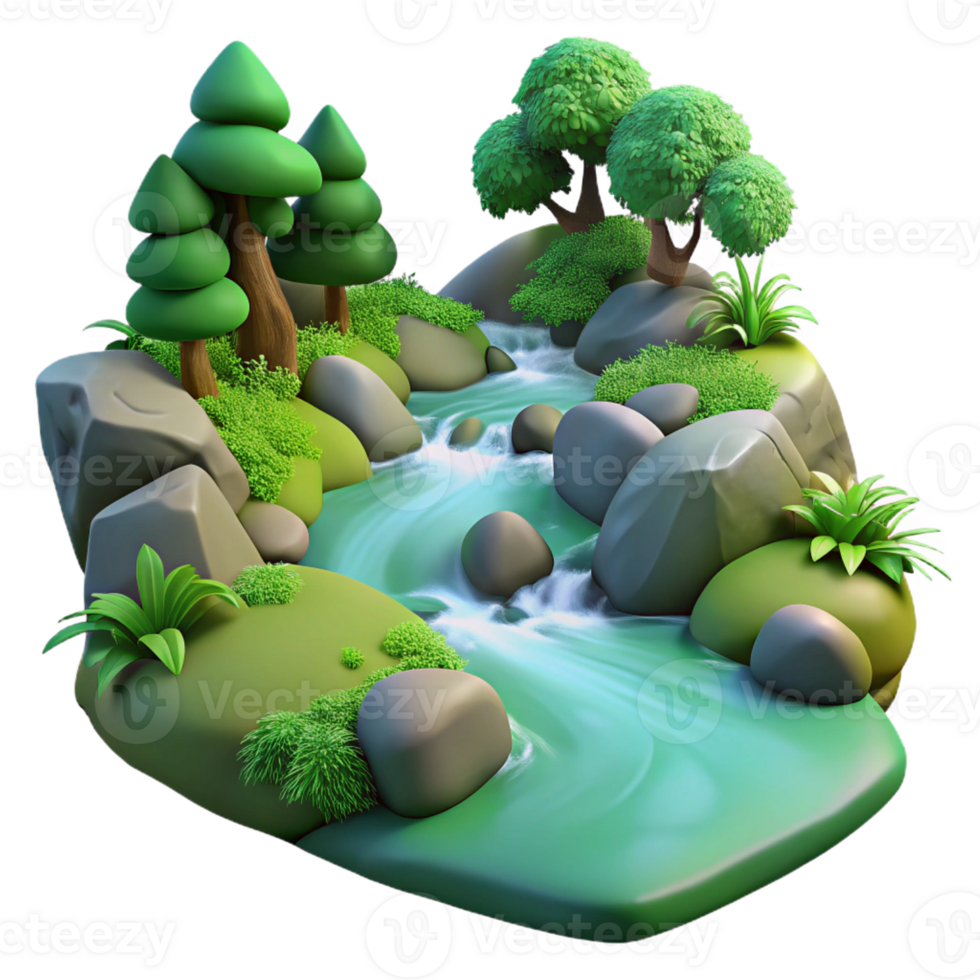 serene traditional A babbling brook flowing over smooth stones in a forest, surrounded by lush green vegetation. Nature photography style original png