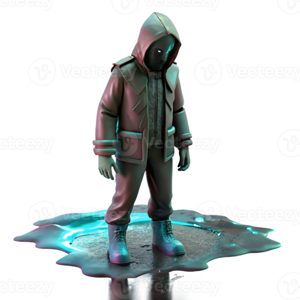 serene vintage A lone figure in tattered clothing, hunched against a corrosive acid rain, illuminated by flickering neon signs reflecting in puddles, cyberpunk style, high resolution png