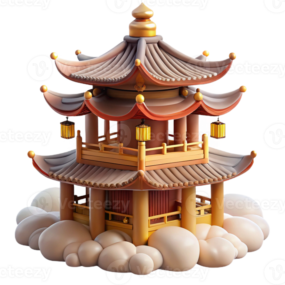 elegant vintage Floating pagoda, ornate wooden structure, surrounded by mist, serene and mystical style high resolution png