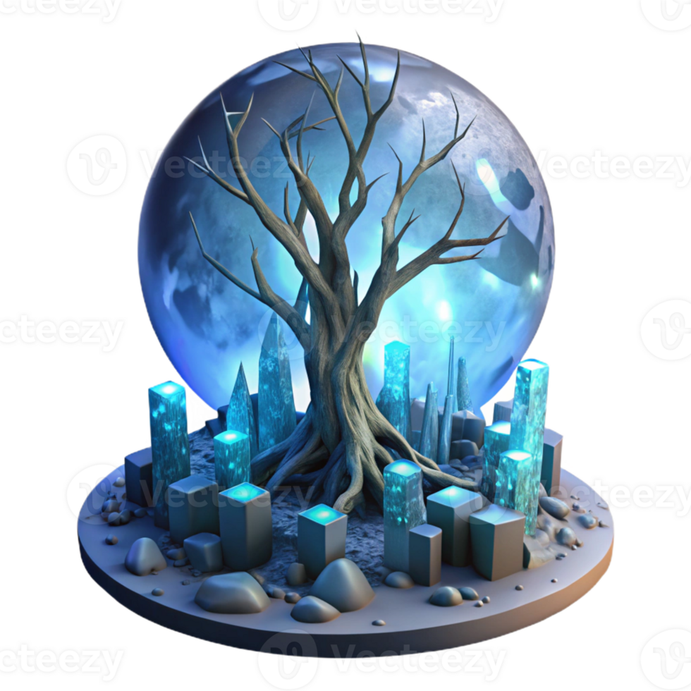 stunning creative A bioluminescent tree growing from a decaying cityscape, illuminated by its own ethereal glow and the faint light of a shattered moon, surreal and dreamlike, high resolution png