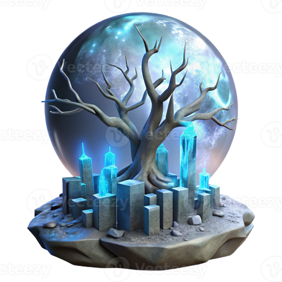 stunning abstract A bioluminescent tree growing from a decaying cityscape, illuminated by its own ethereal glow and the faint light of a shattered moon, surreal and dreamlike, exclusive png