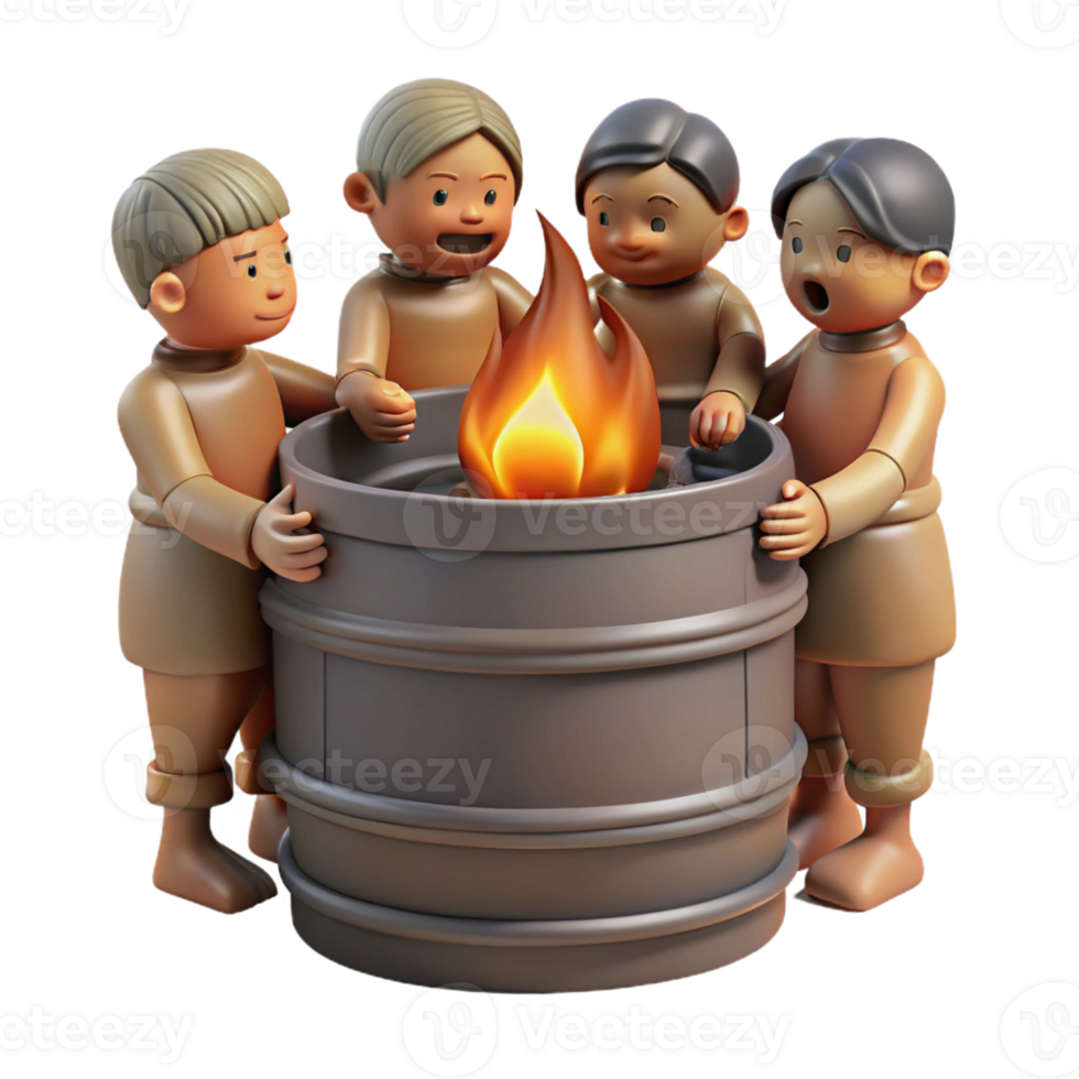 serene classic A group of emaciated refugees huddled around a burning barrel, their faces illuminated by the flickering flames, photorealistic and gritty, high resolution png