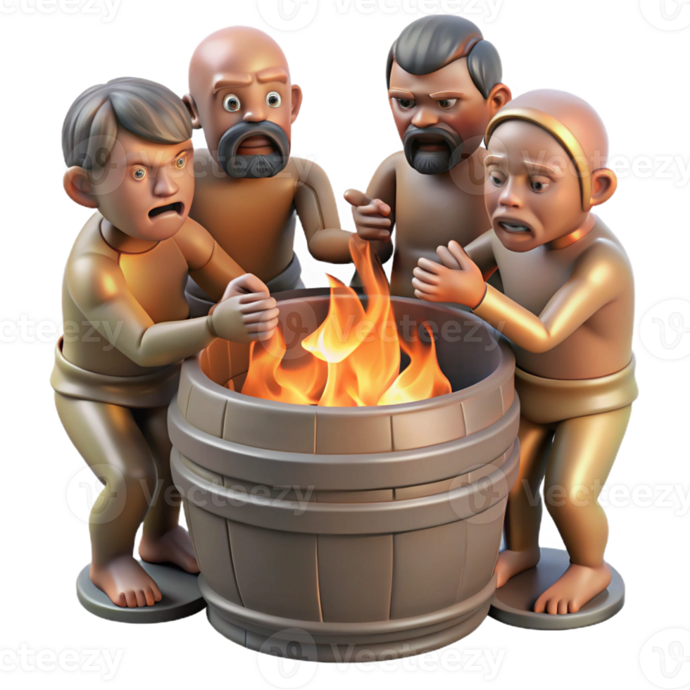 dramatic rustic A group of emaciated refugees huddled around a burning barrel, their faces illuminated by the flickering flames, photorealistic and gritty, genuine png