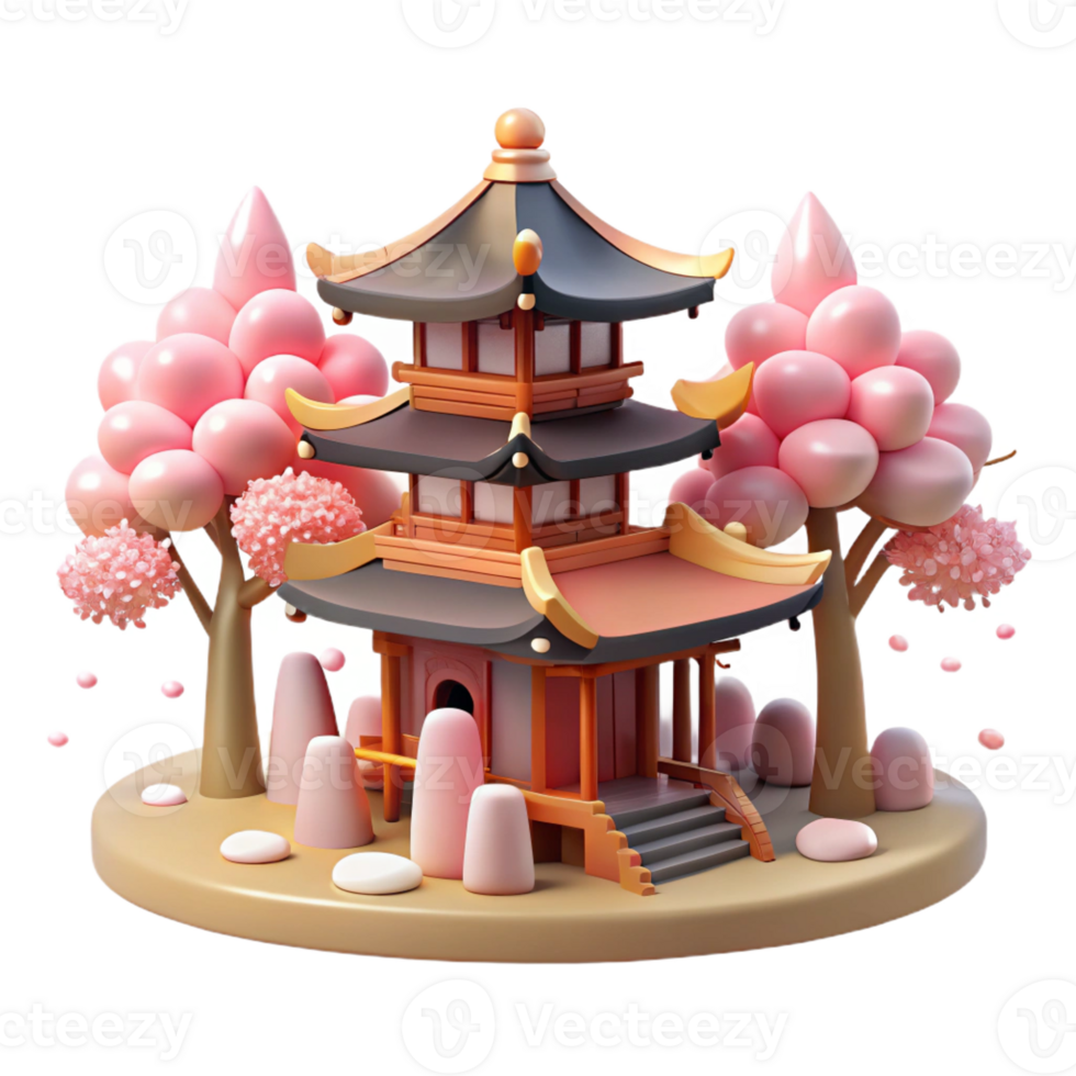 magnificent modern A traditional Japanese pagoda nestled in a cherry blossom grove, soft pink light, anime style professional png
