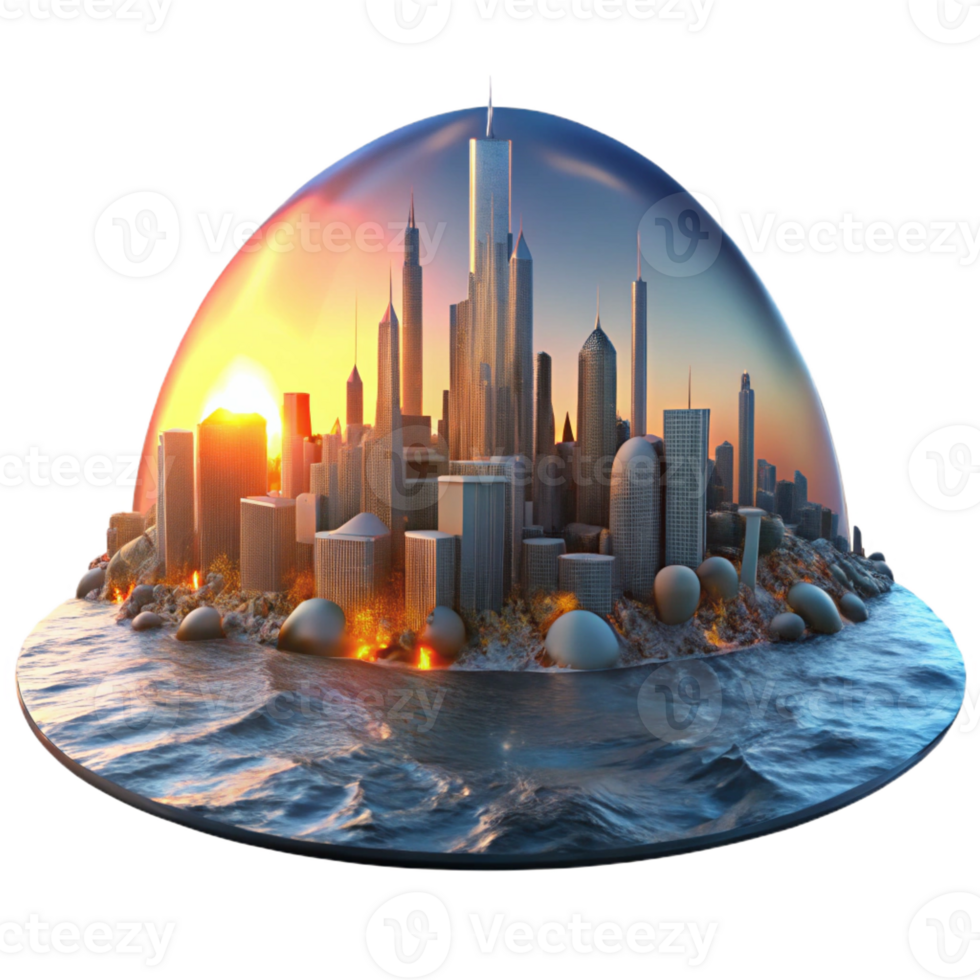 wonderful minimalist A futuristic cityscape crumbling into the sea, lit by a fiery sunset reflecting in the polluted water, apocalyptic and dramatic, high resolution png