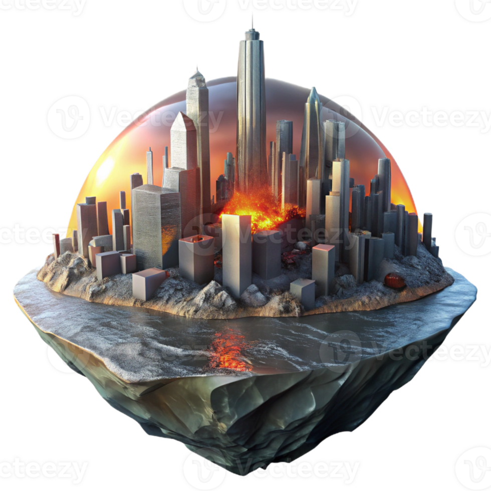extraordinary abstract A futuristic cityscape crumbling into the sea, lit by a fiery sunset reflecting in the polluted water, apocalyptic and dramatic, exclusive png