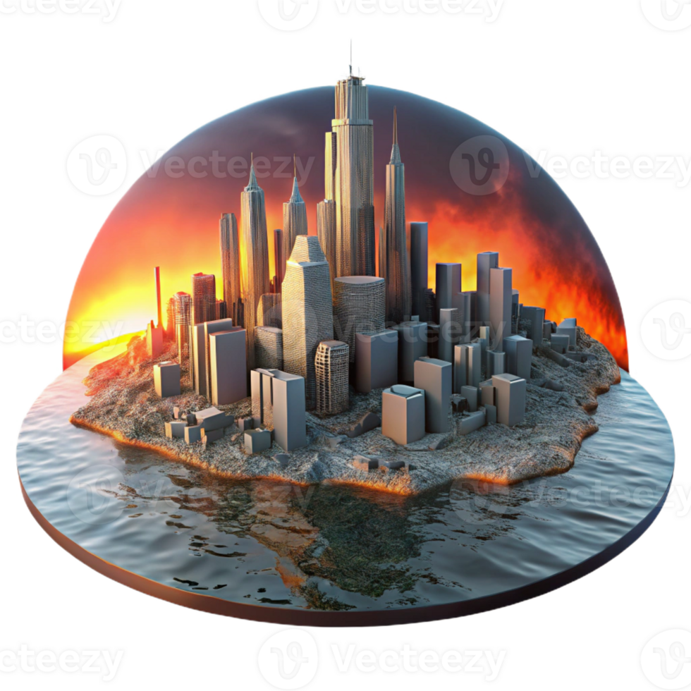 extraordinary abstract A futuristic cityscape crumbling into the sea, lit by a fiery sunset reflecting in the polluted water, apocalyptic and dramatic, 4K png