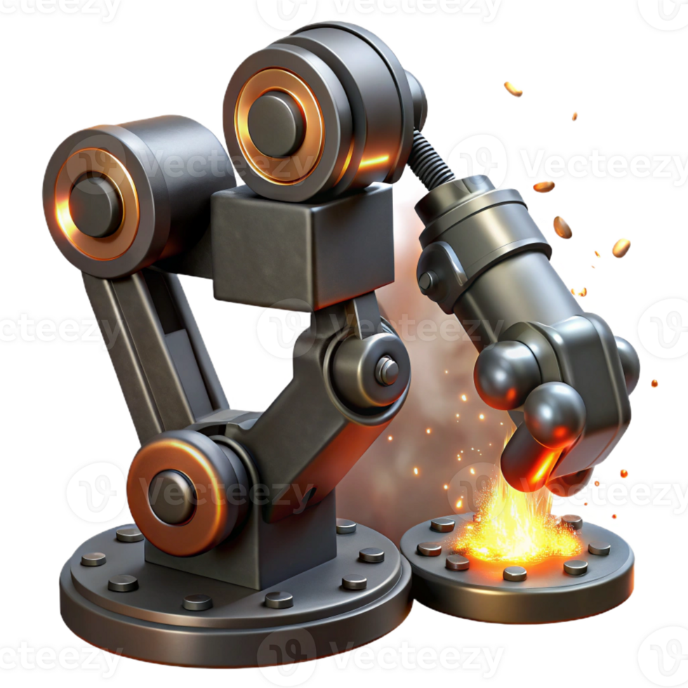 dramatic contemporary A powerful steampunk robot arm crushing a coal, illuminated by sparks and fire, dark and gritty style authentic png