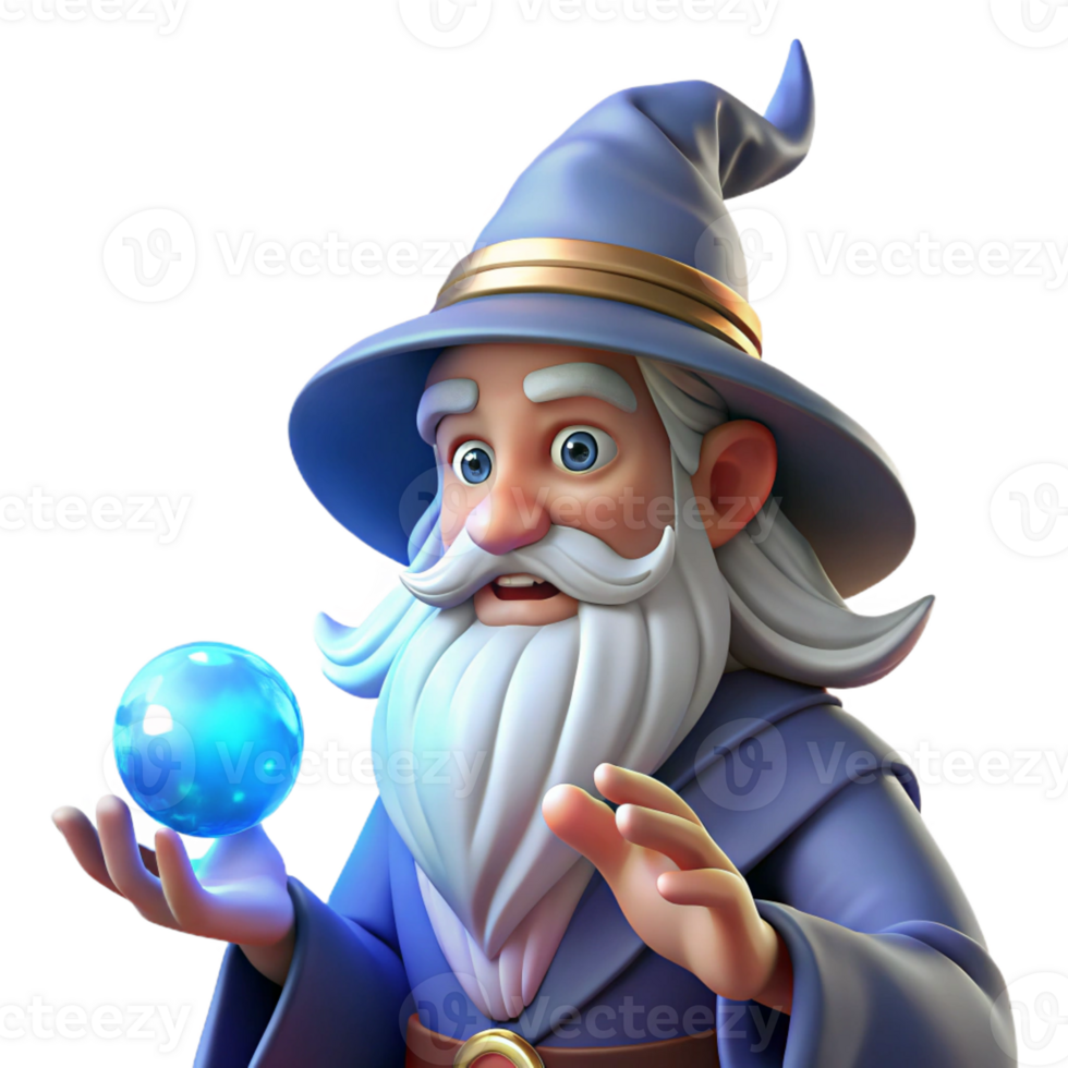 elegant minimalist A wise old wizard with a long white beard and twinkling blue eyes, holding a glowing orb, surrounded by swirling magical energy, warm and mystical lighting, painterly style detailed png