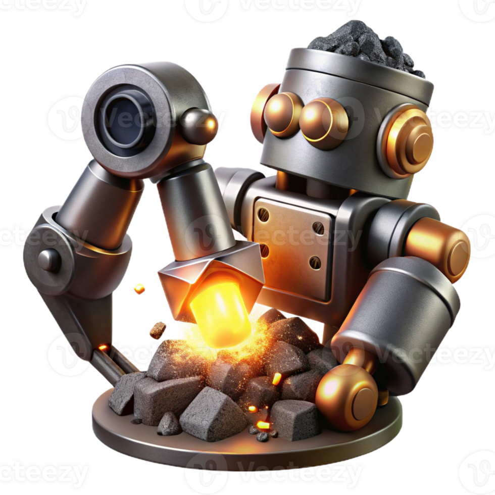 serene minimalist A powerful steampunk robot arm crushing a coal, illuminated by sparks and fire, dark and gritty style 4K png