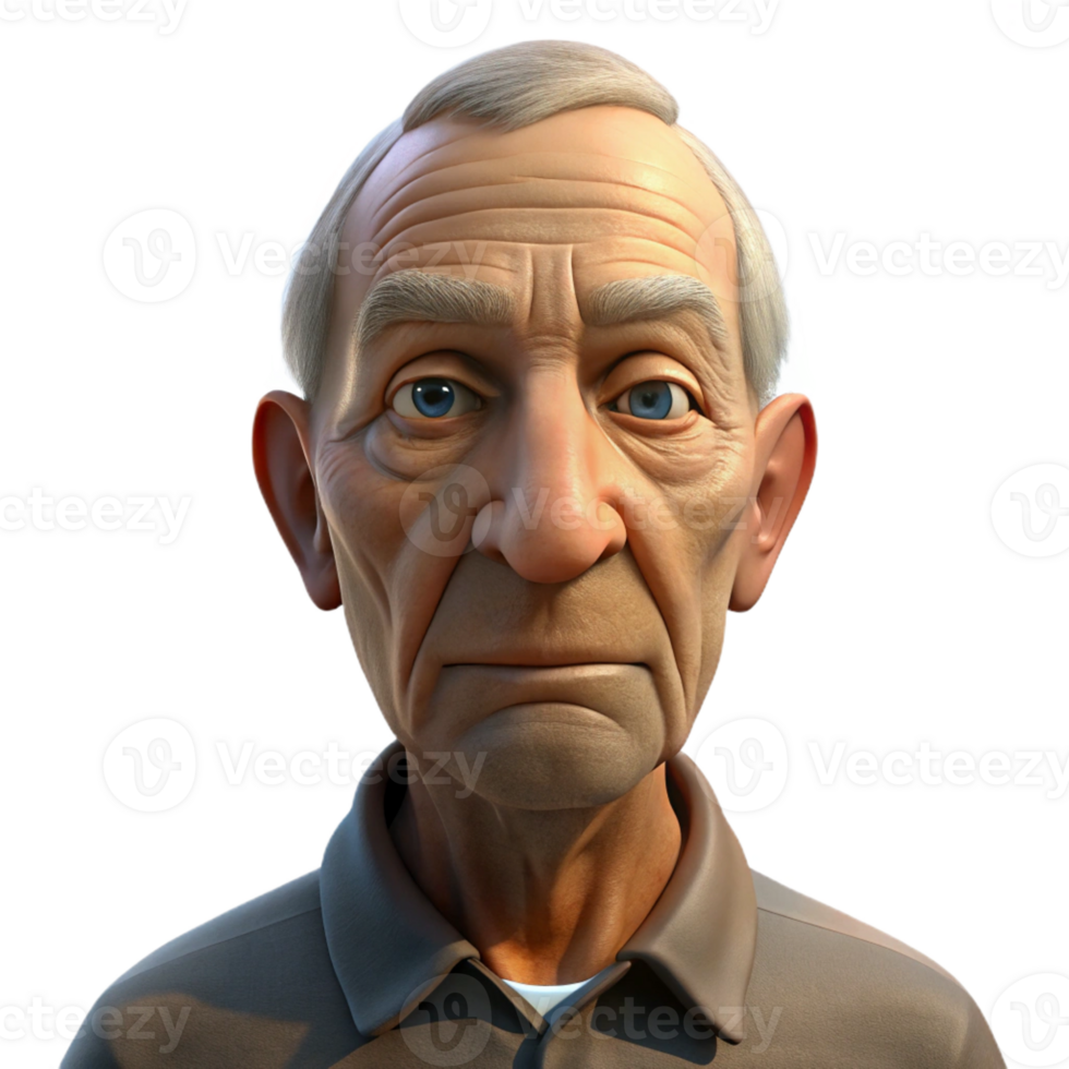 extraordinary artistic Close-up portrait of an elderly man with deep wrinkles and a weathered face, illuminated by a single, overhead spotlight, in a hyperrealistic style authentic png