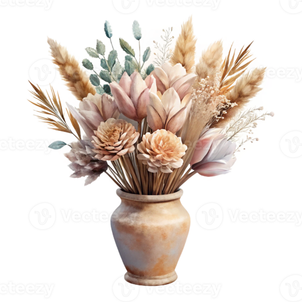beautiful modern A watercolor painting of a bouquet of dried flowers in a vintage vase, soft pastel colors, diffused natural lighting, romantic impressionism style genuine png