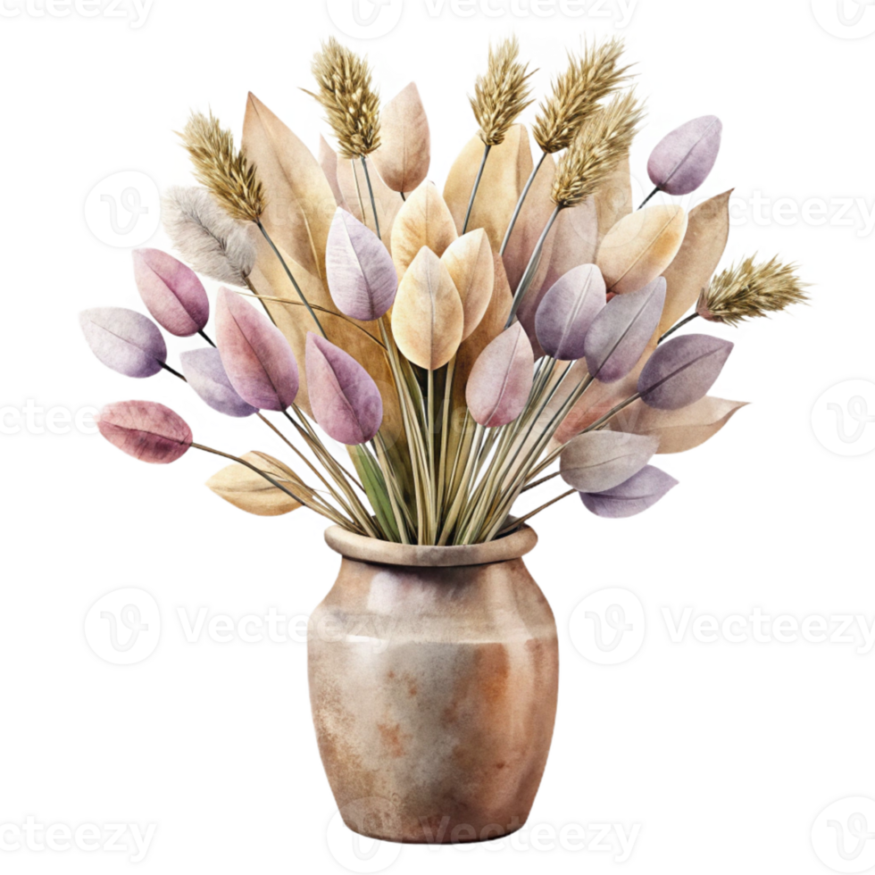 dramatic abstract A watercolor painting of a bouquet of dried flowers in a vintage vase, soft pastel colors, diffused natural lighting, romantic impressionism style professional png