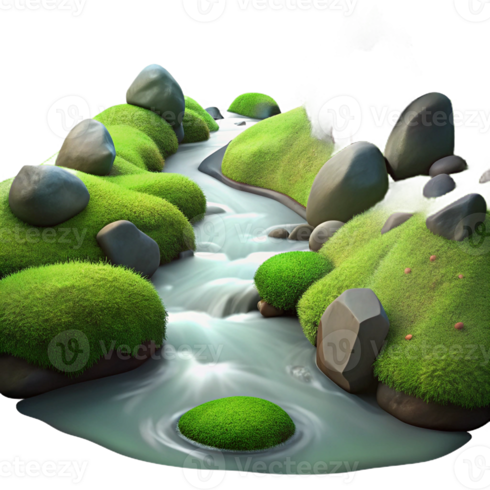 beautiful modern A babbling brook flowing through a mossy forest, long exposure, ethereal lighting exclusive png