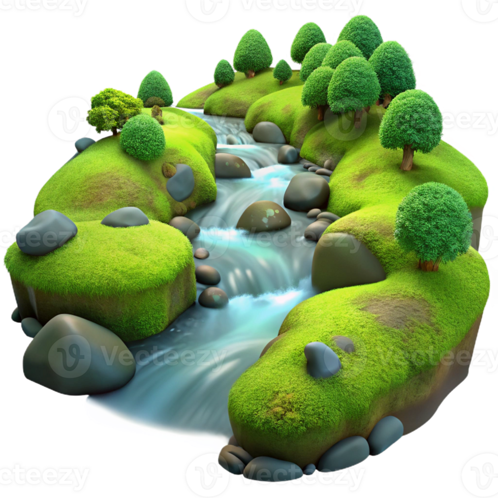 vibrant modern A babbling brook flowing through a mossy forest, long exposure, ethereal lighting authentic png