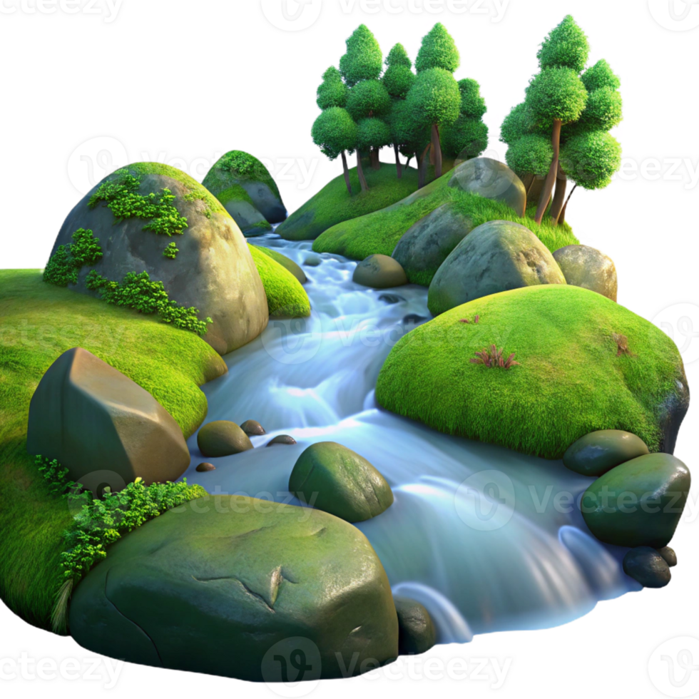 impressive classic A babbling brook flowing through a mossy forest, long exposure, ethereal lighting high resolution png