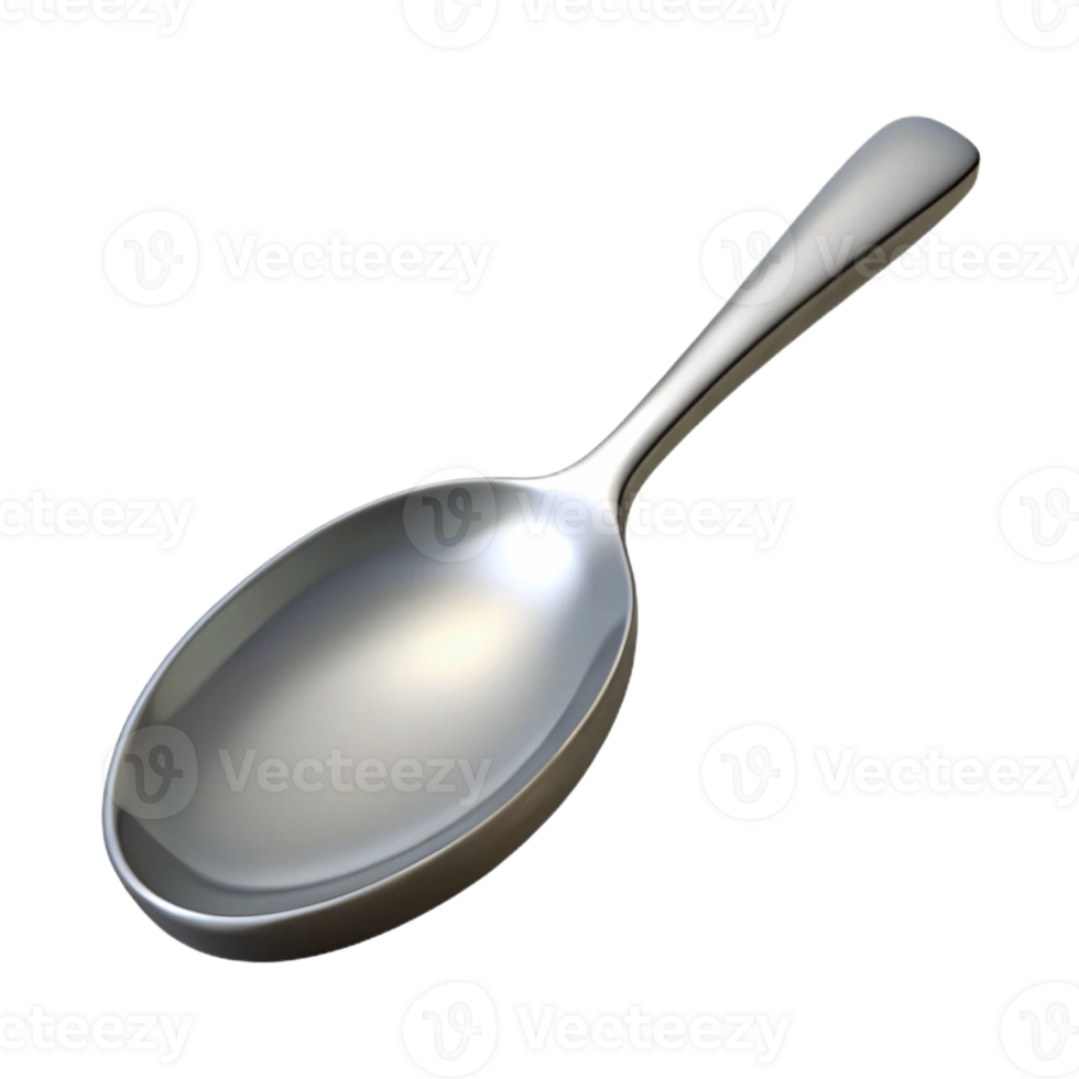 impressive classic A polished silver spoon resting diagonally on a smooth, grey stone surface, lit by a bright, cool light from the top left 4K png