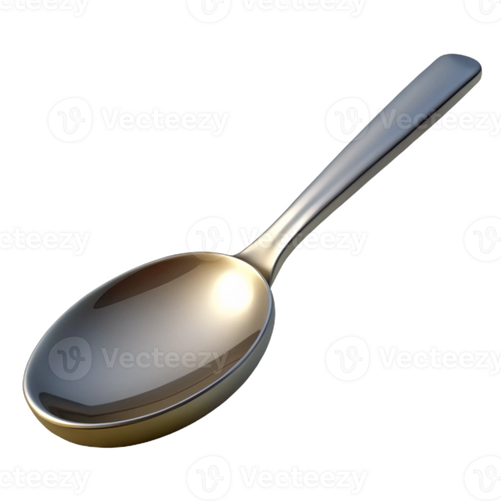 beautiful classic A polished silver spoon resting diagonally on a smooth, grey stone surface, lit by a bright, cool light from the top left 4K png