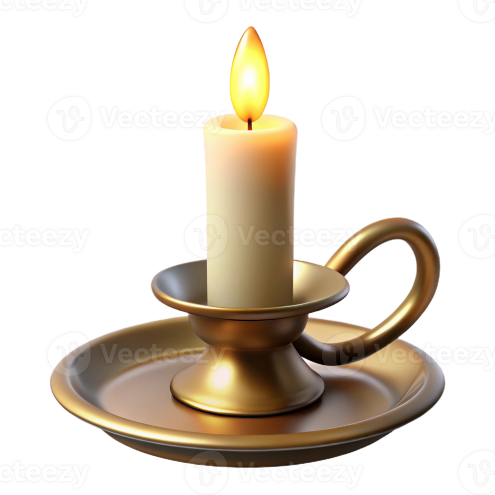 beautiful traditional A single, unlit white candle in a brass holder, with a strong directional light from the right genuine png