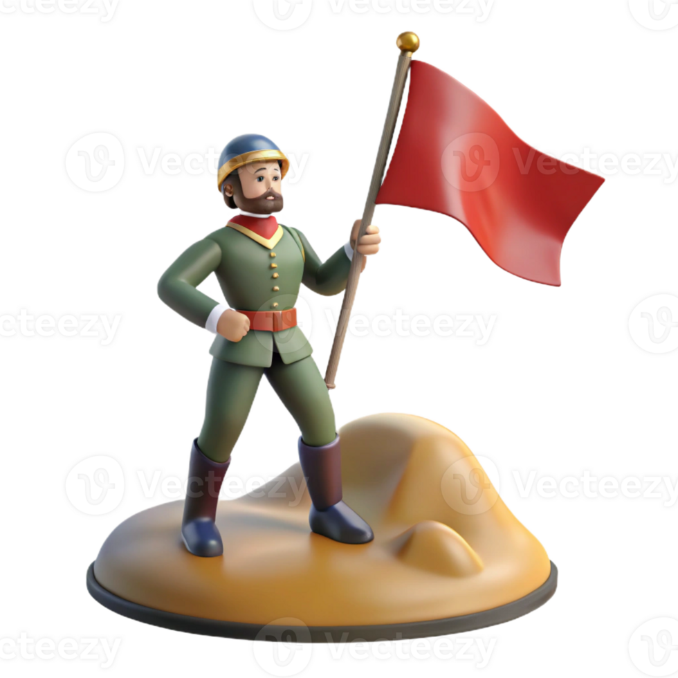 magnificent artistic A soldier raises a flag on a conquered hilltop. Triumphant lighting, historical painting style authentic png