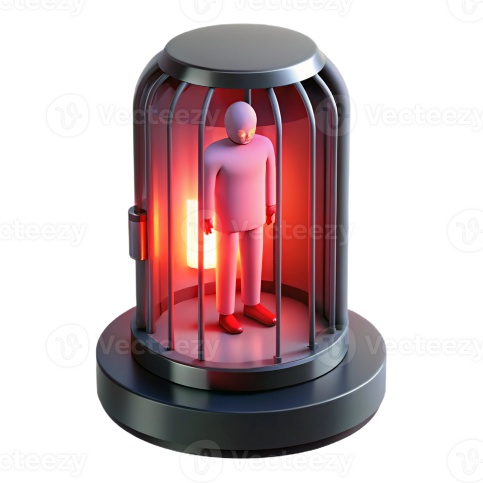 vibrant classic A futuristic prison cell, with a lone figure trapped inside, illuminated by a flickering red light. Dark, oppressive, and realistic style exclusive png